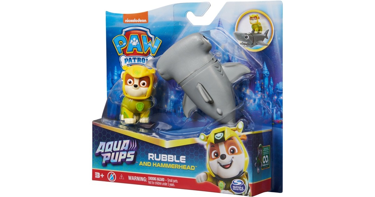 Spin Master Paw Patrol Aqua Pups - Hero Pups-Set mit Rubble-Welpenfigur und Hammerhai-Figur, Spielfigur
