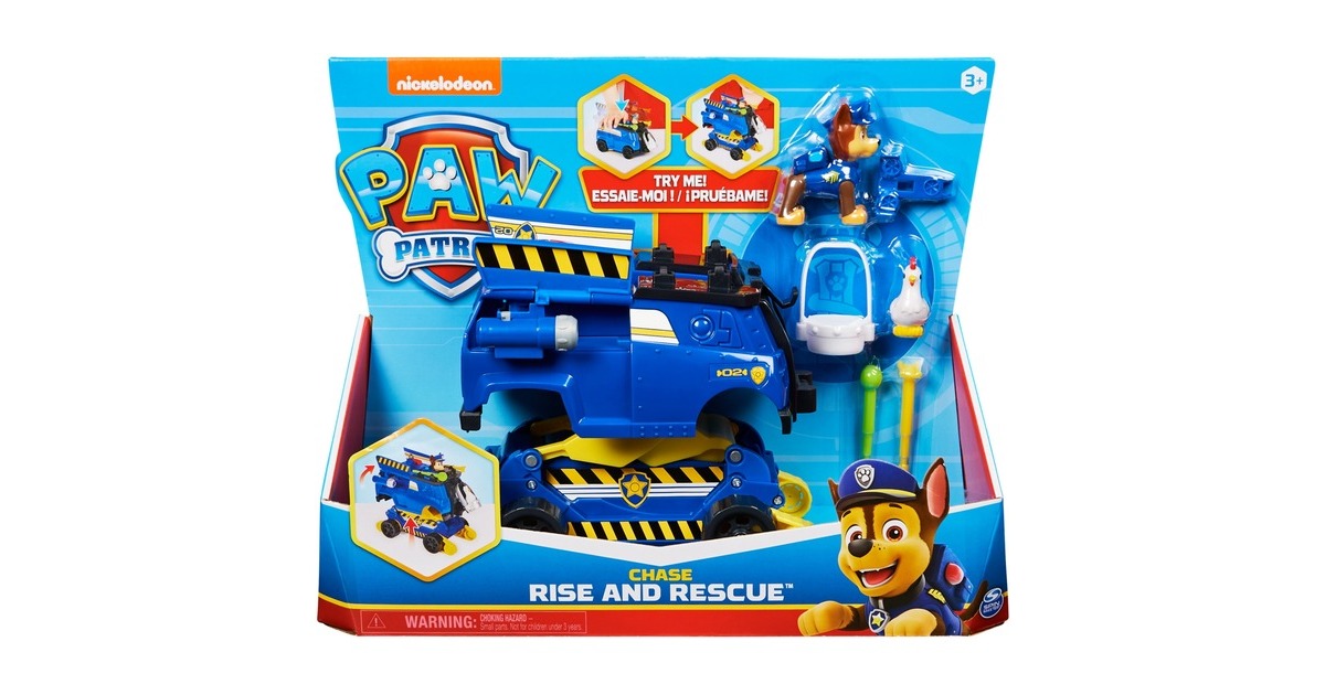 Spin Master Paw Patrol Chases Rise and Rescue wandelbares Spielzeugauto, Spielfahrzeug(blau/gelb, Inkl. Actionfiguren und Zubehör)