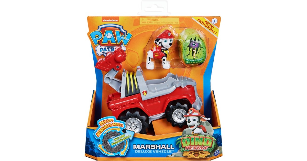 Spin Master Paw Patrol Dino Rescue Deluxe Fahrzeug Marshall, Spielfahrzeug(rot/grau, Inkl. Marshall-Spielfigur und Überraschungs-Dinosaurier)