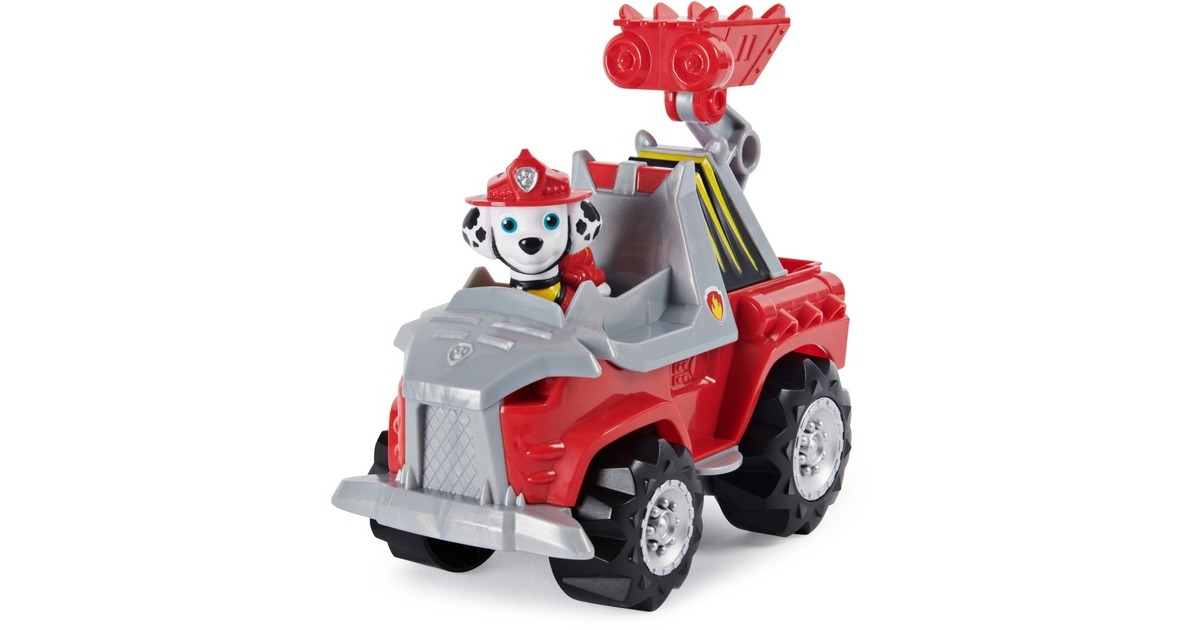 Spin Master Paw Patrol Dino Rescue Deluxe Fahrzeug Marshall, Spielfahrzeug(rot/grau, Inkl. Marshall-Spielfigur und Überraschungs-Dinosaurier)