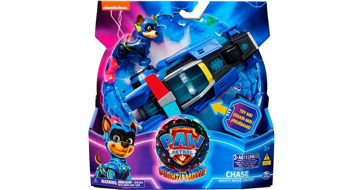 Spin Master Paw Patrol Mighty Kinofilm - Basis Fahrzeug von Chase mit Welpenfigur, Spielfahrzeug