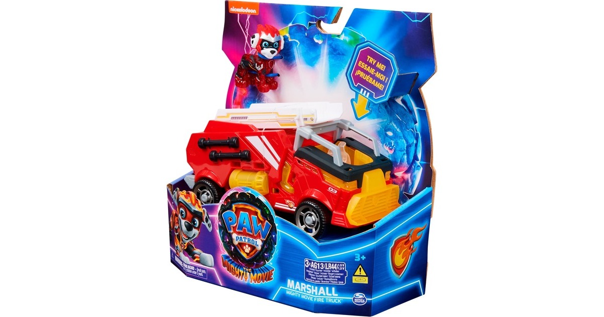 Spin Master Paw Patrol Mighty Kinofilm - Basis Fahrzeug von Marshall mit Welpenfigur, Spielfahrzeug