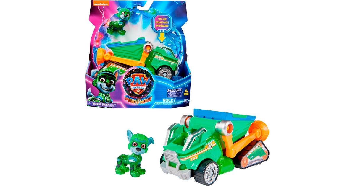 Spin Master Paw Patrol Mighty Kinofilm - Basis Fahrzeug von Rocky mit Welpenfigur, Spielfahrzeug