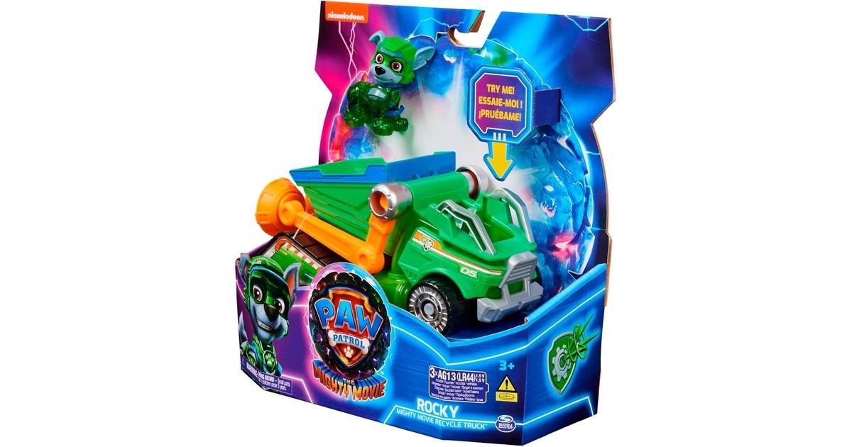 Spin Master Paw Patrol Mighty Kinofilm - Basis Fahrzeug von Rocky mit Welpenfigur, Spielfahrzeug
