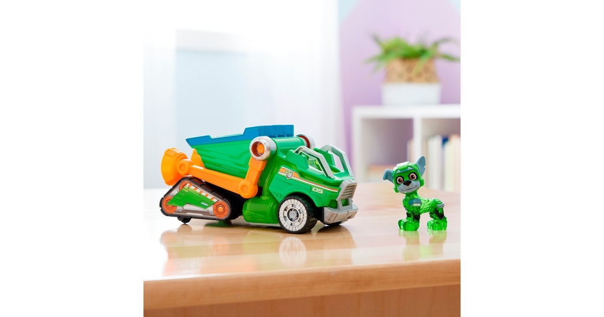 Spin Master Paw Patrol Mighty Kinofilm - Basis Fahrzeug von Rocky mit Welpenfigur, Spielfahrzeug