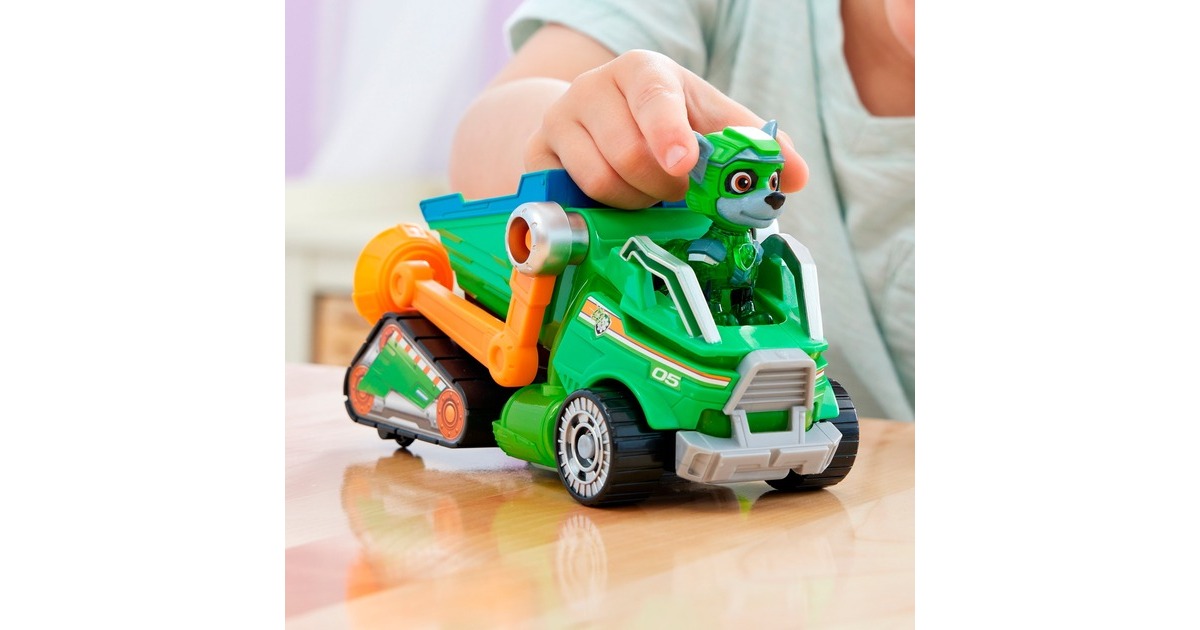 Spin Master Paw Patrol Mighty Kinofilm - Basis Fahrzeug von Rocky mit Welpenfigur, Spielfahrzeug