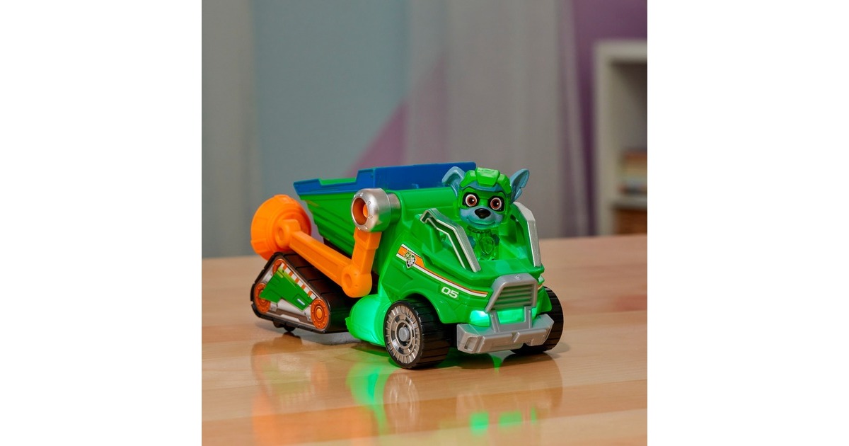Spin Master Paw Patrol Mighty Kinofilm - Basis Fahrzeug von Rocky mit Welpenfigur, Spielfahrzeug
