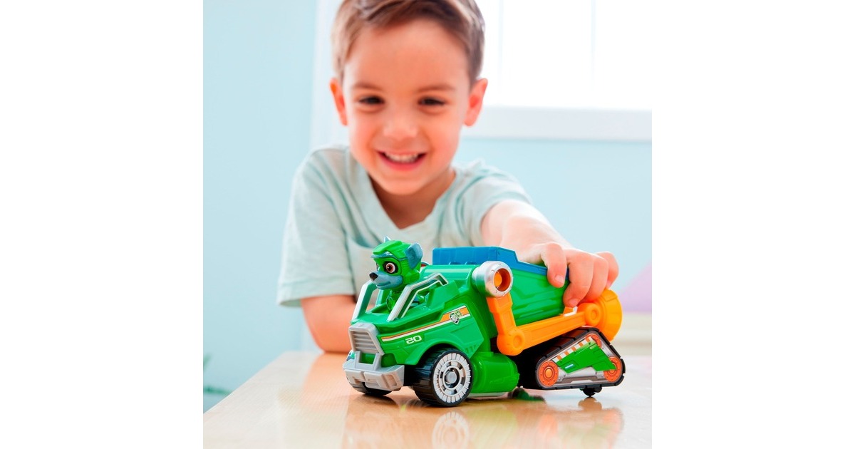 Spin Master Paw Patrol Mighty Kinofilm - Basis Fahrzeug von Rocky mit Welpenfigur, Spielfahrzeug