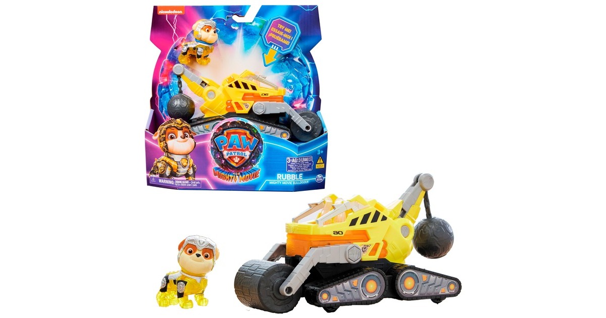 Spin Master Paw Patrol Mighty Kinofilm - Basis Fahrzeug von Rubble mit Welpenfigur, Spielfahrzeug