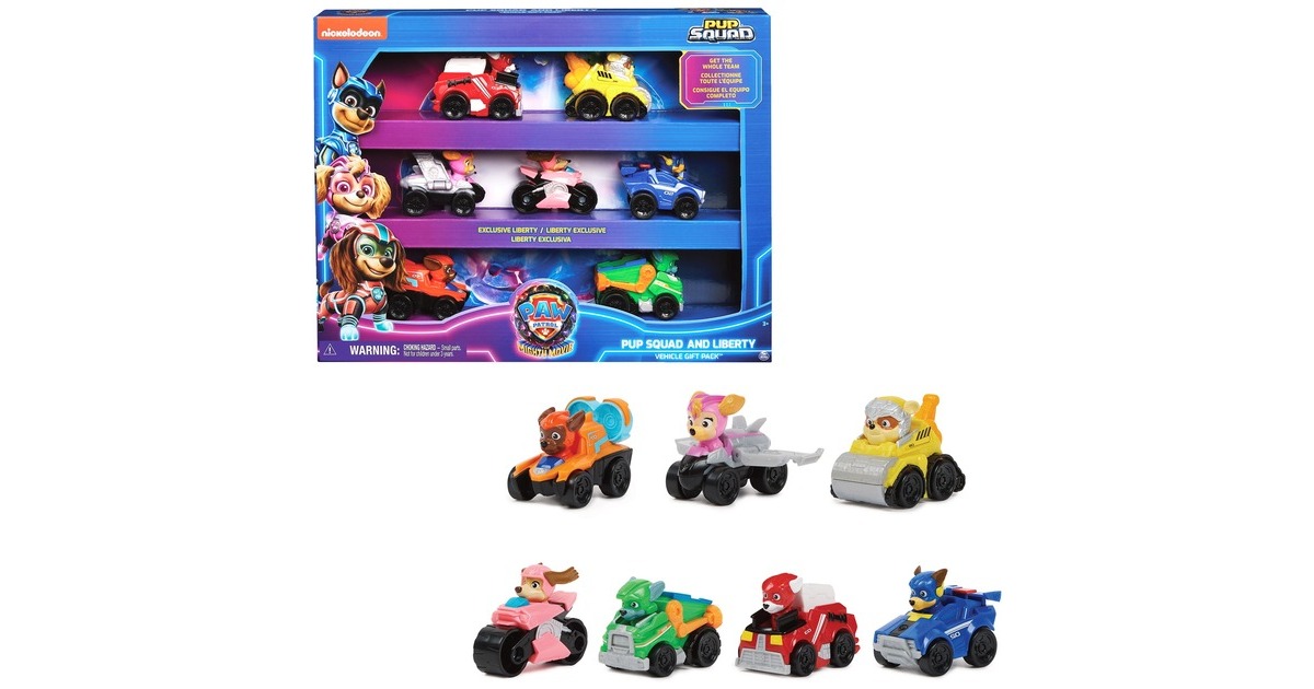 Spin Master Paw Patrol: Der Mighty Kinofilm, 7-teiliges Pup Squad Racers-Geschenkset, Spielfahrzeug(mit Liberty-Spielzeugauto)