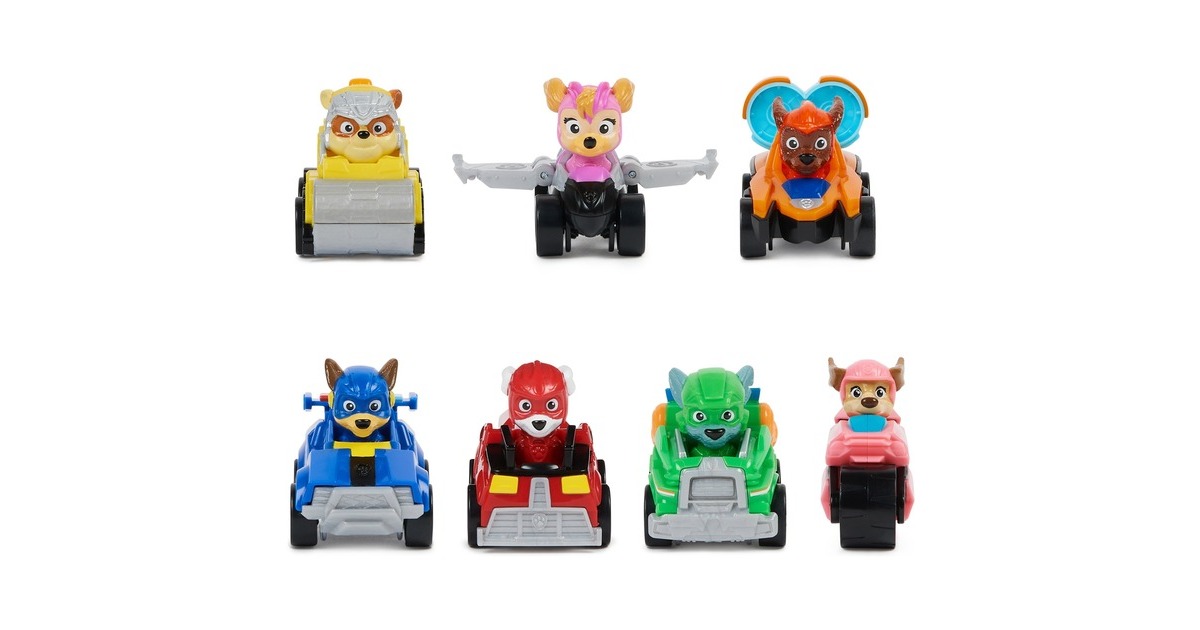 Spin Master Paw Patrol: Der Mighty Kinofilm, 7-teiliges Pup Squad Racers-Geschenkset, Spielfahrzeug(mit Liberty-Spielzeugauto)