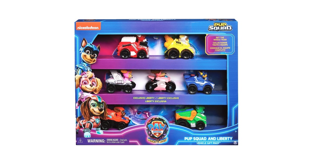Spin Master Paw Patrol: Der Mighty Kinofilm, 7-teiliges Pup Squad Racers-Geschenkset, Spielfahrzeug(mit Liberty-Spielzeugauto)