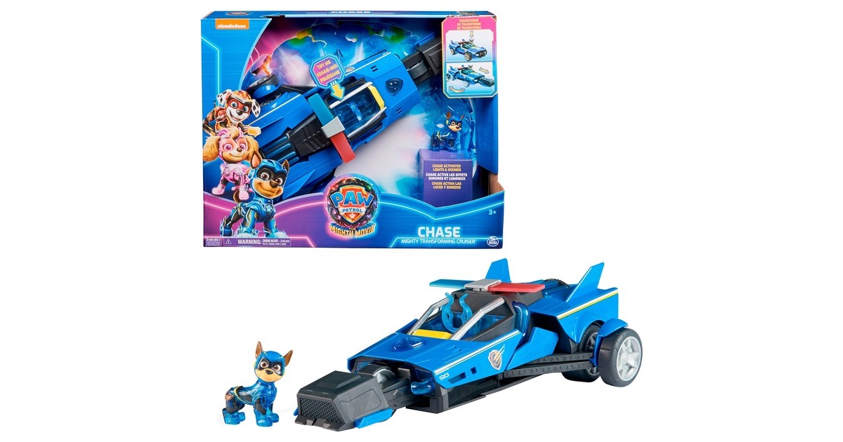 Spin Master Paw Patrol: Der Mighty Kinofilm, Chases Deluxe Superhelden-Raketenfahrzeug, Spielfahrzeug(blau/schwarz, inkl. Chase Figur)