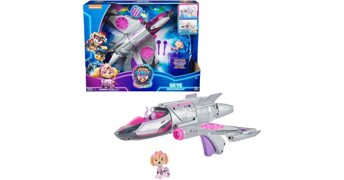 Spin Master Paw Patrol: Der Mighty Kinofilm, Skyes Deluxe Superhelden-Jet inkl. Skye Figur, Spielfahrzeug(silber/rosa)