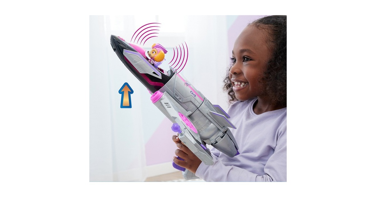 Spin Master Paw Patrol: Der Mighty Kinofilm, Skyes Deluxe Superhelden-Jet inkl. Skye Figur, Spielfahrzeug(silber/rosa)