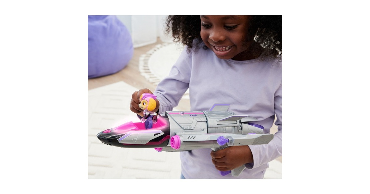 Spin Master Paw Patrol: Der Mighty Kinofilm, Skyes Deluxe Superhelden-Jet inkl. Skye Figur, Spielfahrzeug(silber/rosa)