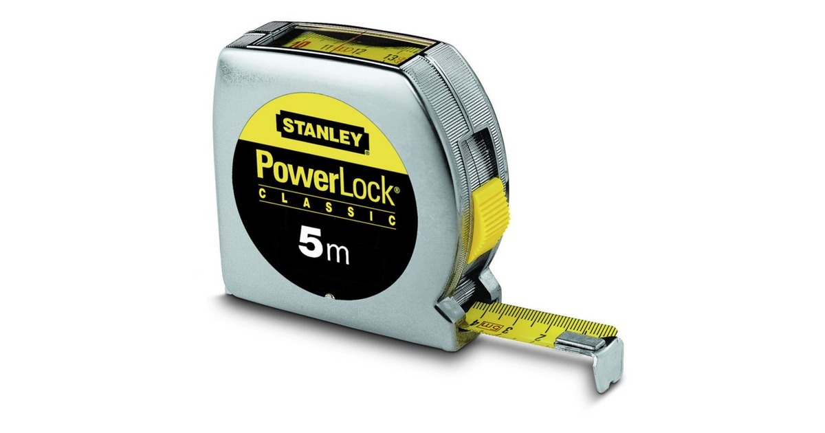 Stanley Bandmaß Powerlock mit Sichtfenster, 5 Meter(silber/gelb, 19mm, Kunststoffgehäuse)