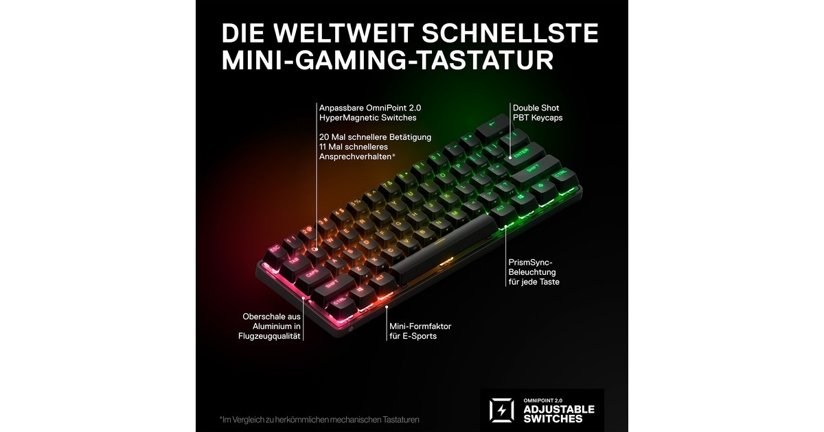 SteelSeries Apex Pro Mini Wireless, Gaming-Tastatur(schwarz, DE-Layout, SteelSeries OmniPoint 2.0)