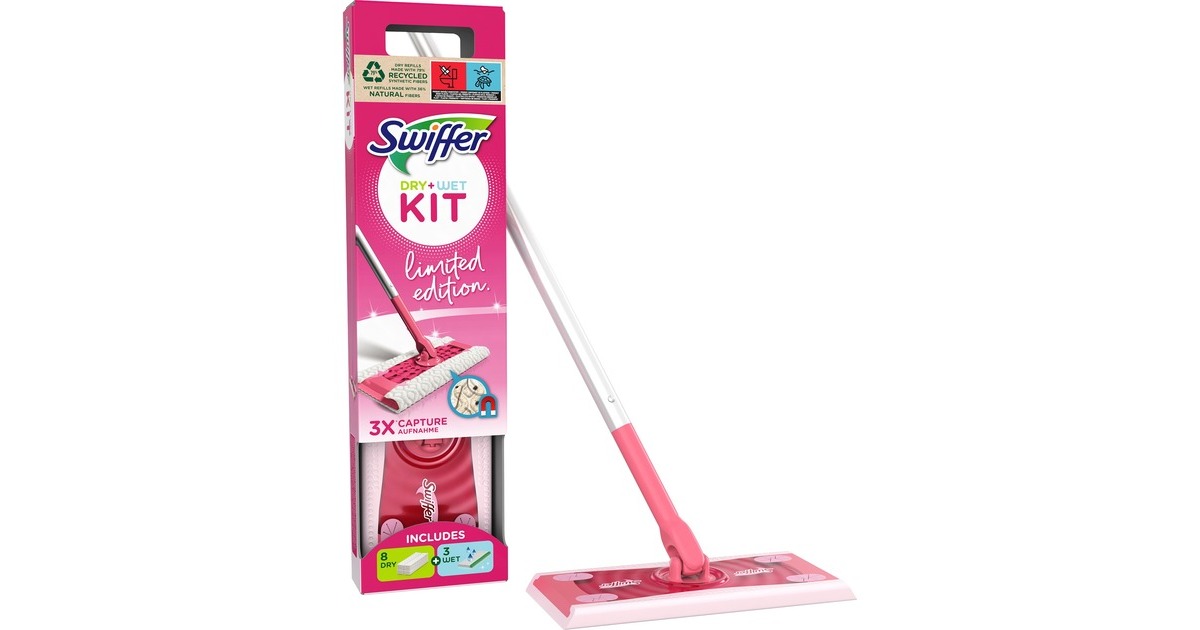 Swiffer Bodenwischer Starterset (1 Bodenstab + 11 Bodentücher) Limited Edition(pink, 8 trockene und 3 feuchte Bodentücher)