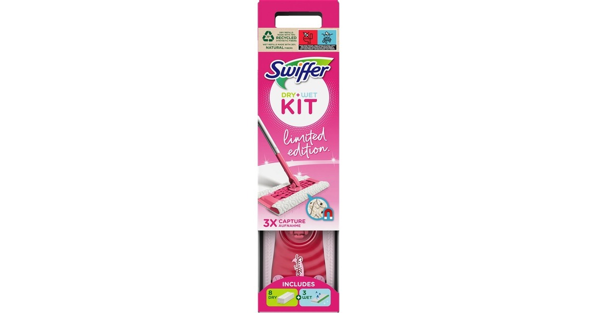 Swiffer Bodenwischer Starterset (1 Bodenstab + 11 Bodentücher) Limited Edition(pink, 8 trockene und 3 feuchte Bodentücher)
