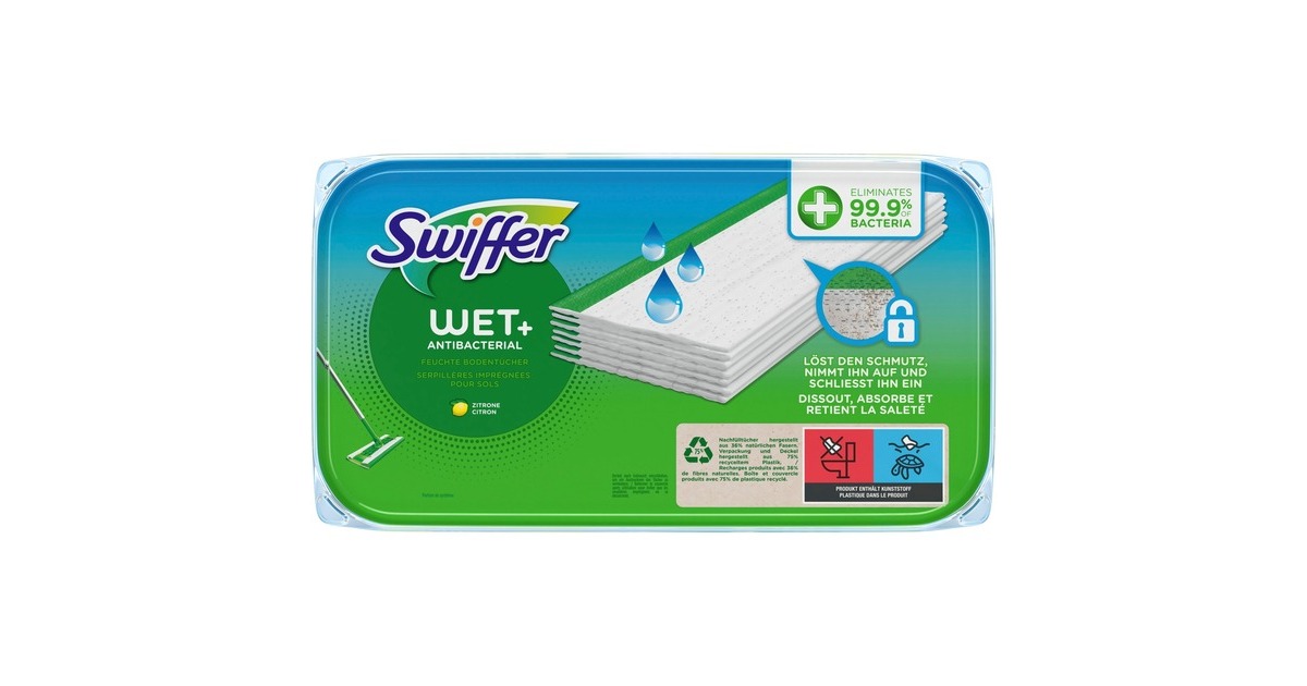 Swiffer Feuchte Bodentücher Wet+ antibakteriell, Nachfüllpackung, 10 Stück, Reinigungstücher(weiß, für Swiffer Bodenwischer)