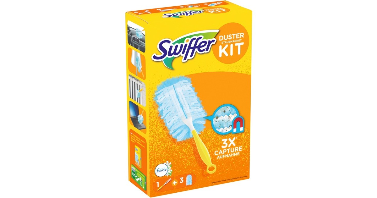 Swiffer Staubmagnet Starterset (Griff + 3 Tücher), Staubwischer(gelb, mit Febreze-Duft)