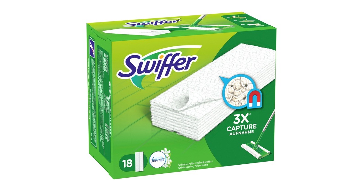 Swiffer Trockene Bodentücher mit Febreze-Duft, Nachfüllpackung, 18 Stück, Reinigungstücher(weiß, für Swiffer Bodenwischer)
