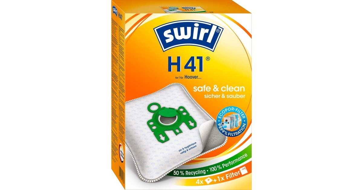 Swirl Staubsaugerbeutel H41 EcoPor(4 Beutel + 1 Filter, für Hoover)