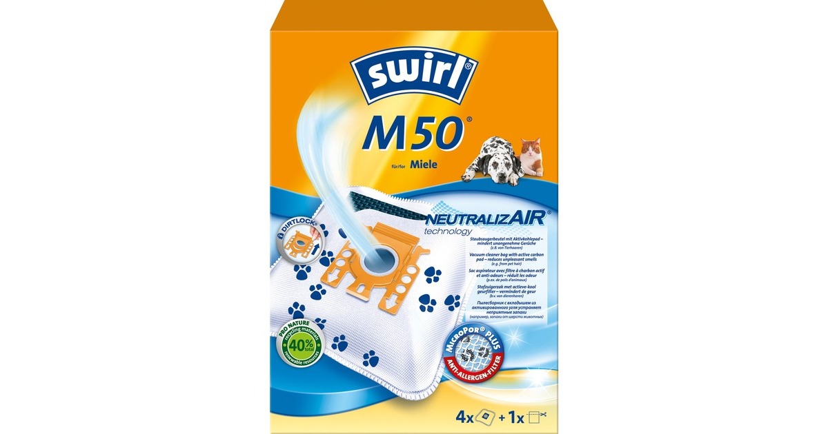 Swirl Staubsaugerbeutel M50 NeutralizAir(4 Beutel, 1 Abluftfilter, für Miele Cat & Dog)