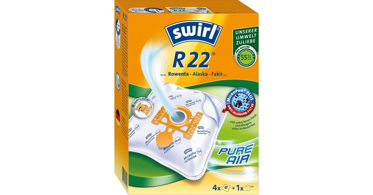 Swirl Staubsaugerbeutel R22 EcoPor(4 Beutel + 1 Filter, für Rowenta, Alaska und Fakir)