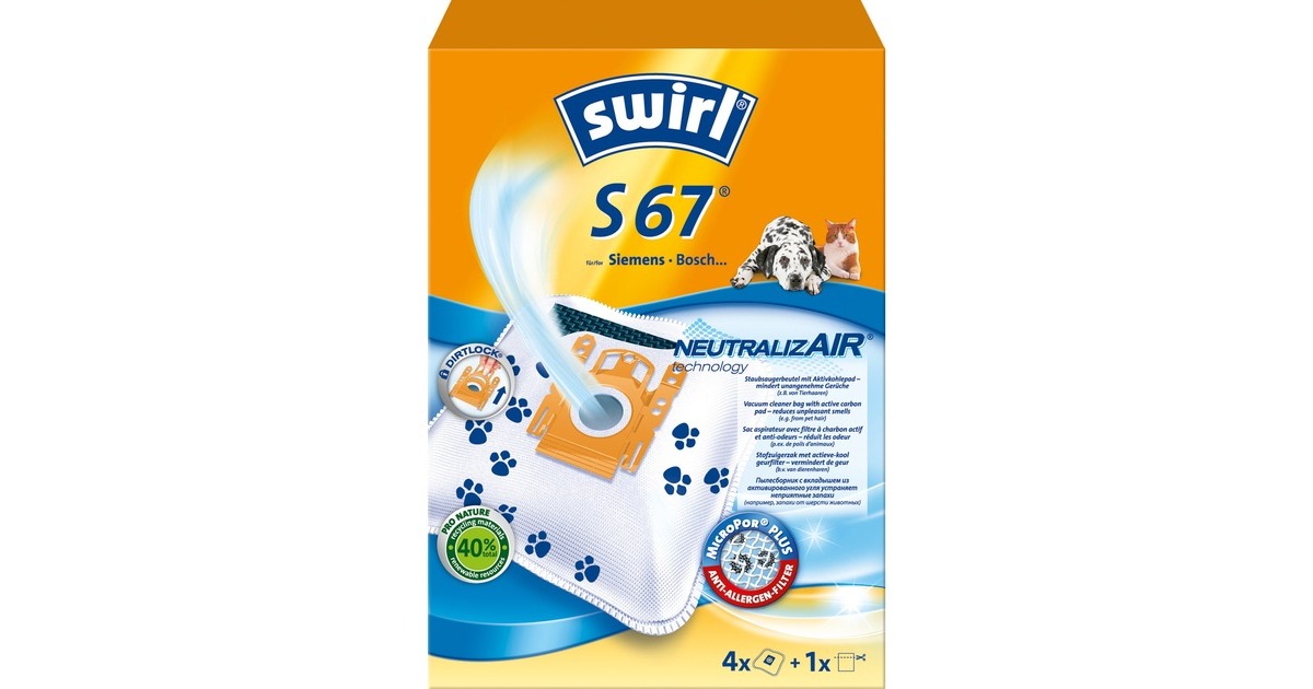 Swirl Staubsaugerbeutel S67 NeutralizAir(4 Beutel, 1 Abluftfilter, für Siemens, Bosch)