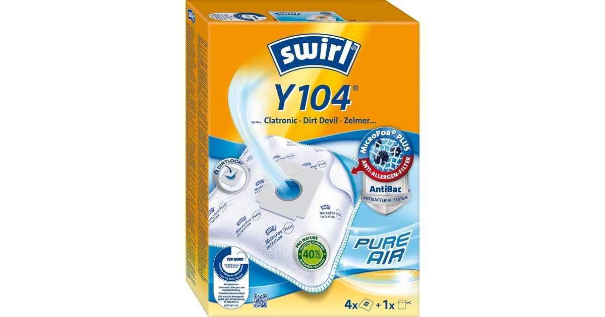 Swirl Staubsaugerbeutel Y 104 EcoPor(4 Beutel + 1 Filter, für Clatronic, Dirt Devil, Zelmer)
