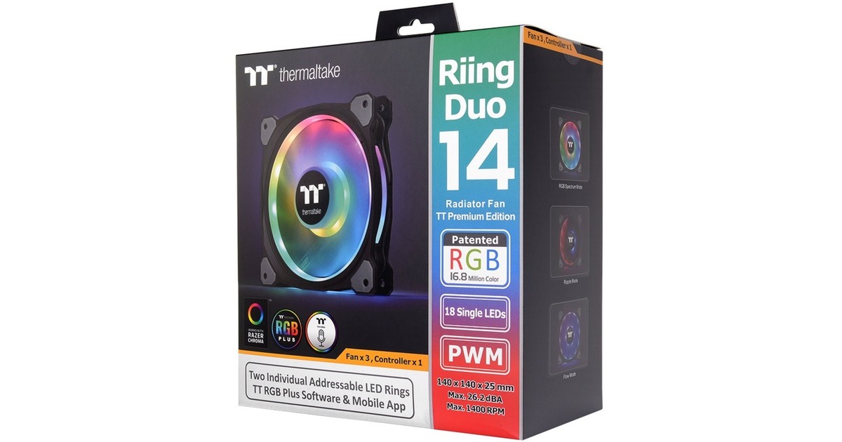 Thermaltake Riing Duo 14 RGB Radiator Fan 3 Pack, Gehäuselüfter(schwarz, 3er Set, 1x Controller)