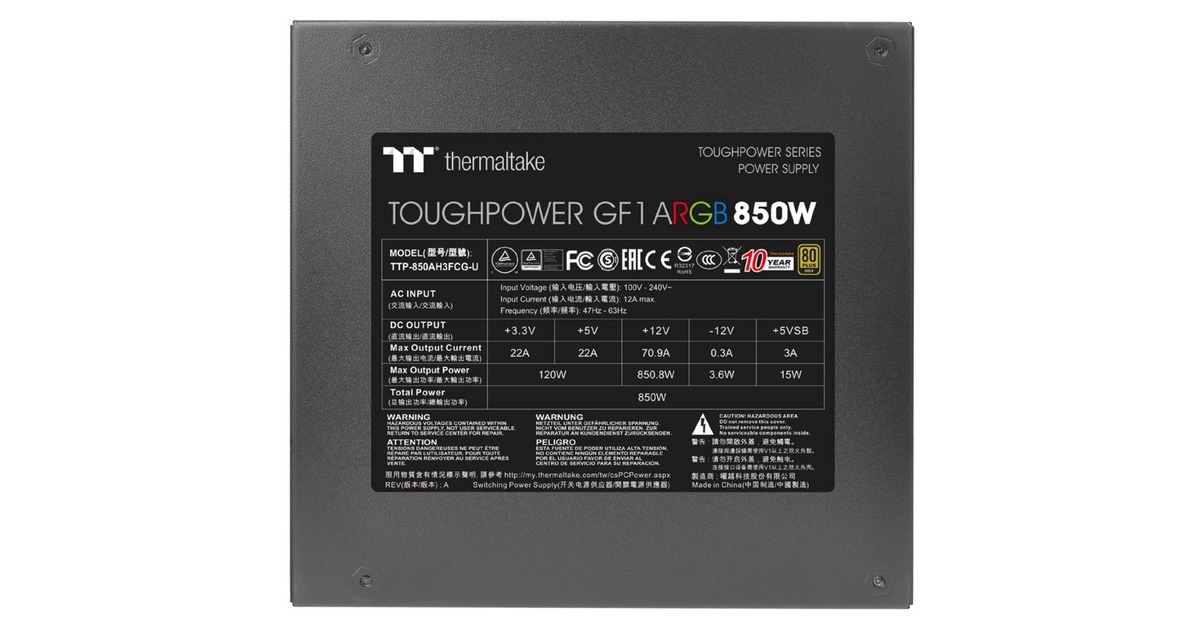 Thermaltake Toughpower GF1 ARGB 850W, PC-Netzteil(schwarz, 6x PCIe, Kabel-Management, 850 Watt, Outlet)