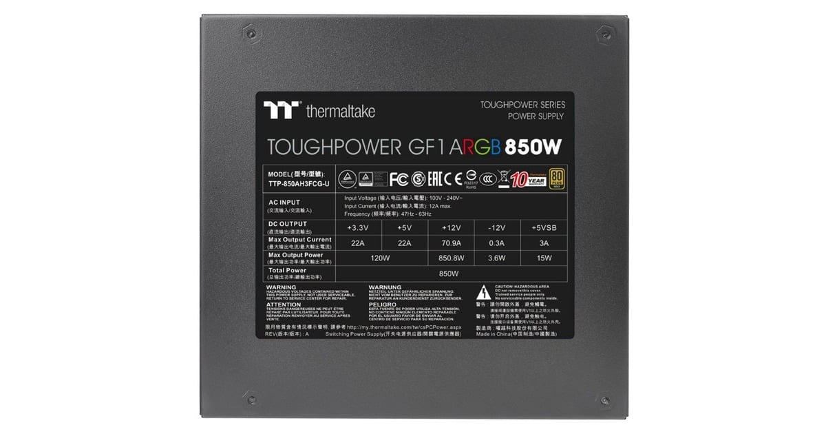 Thermaltake Toughpower GF1 ARGB 850W, PC-Netzteil(schwarz, 6x PCIe, Kabel-Management, 850 Watt)