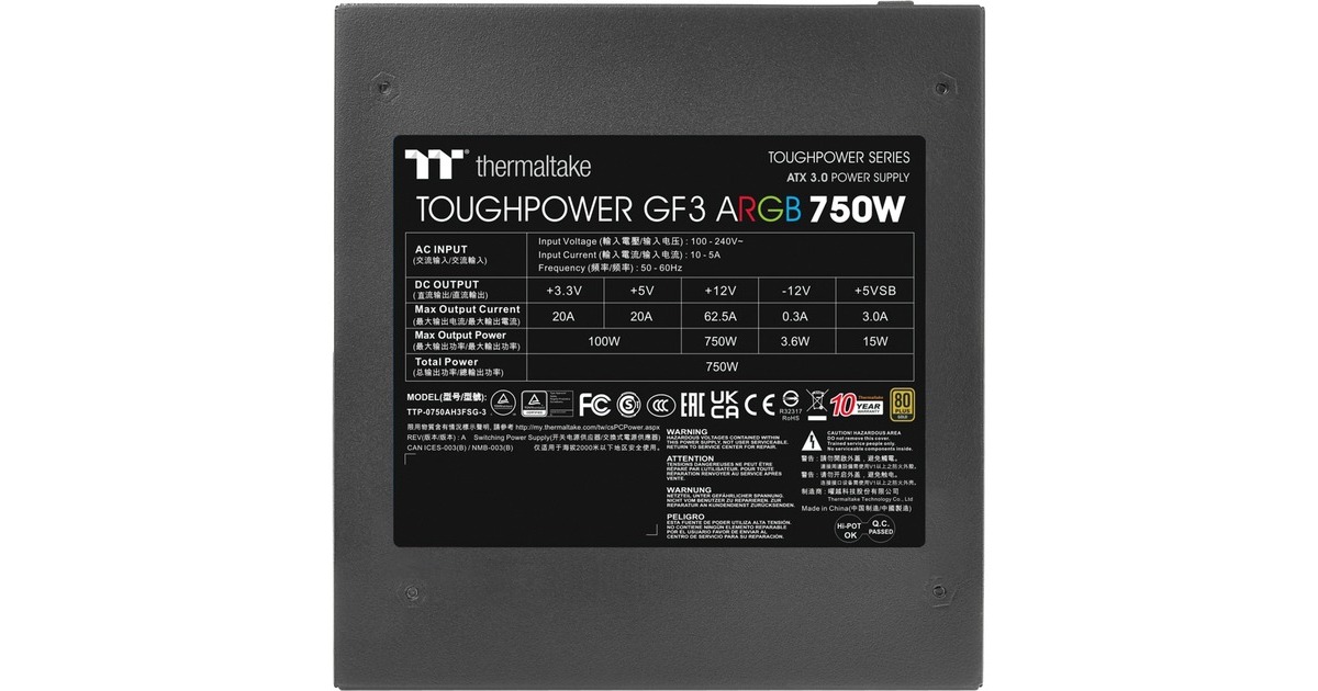 Thermaltake Toughpower GF3 ARGB 750W Gold, PC-Netzteil(schwarz, 5x PCIe, Kabel-Management, 750 Watt)