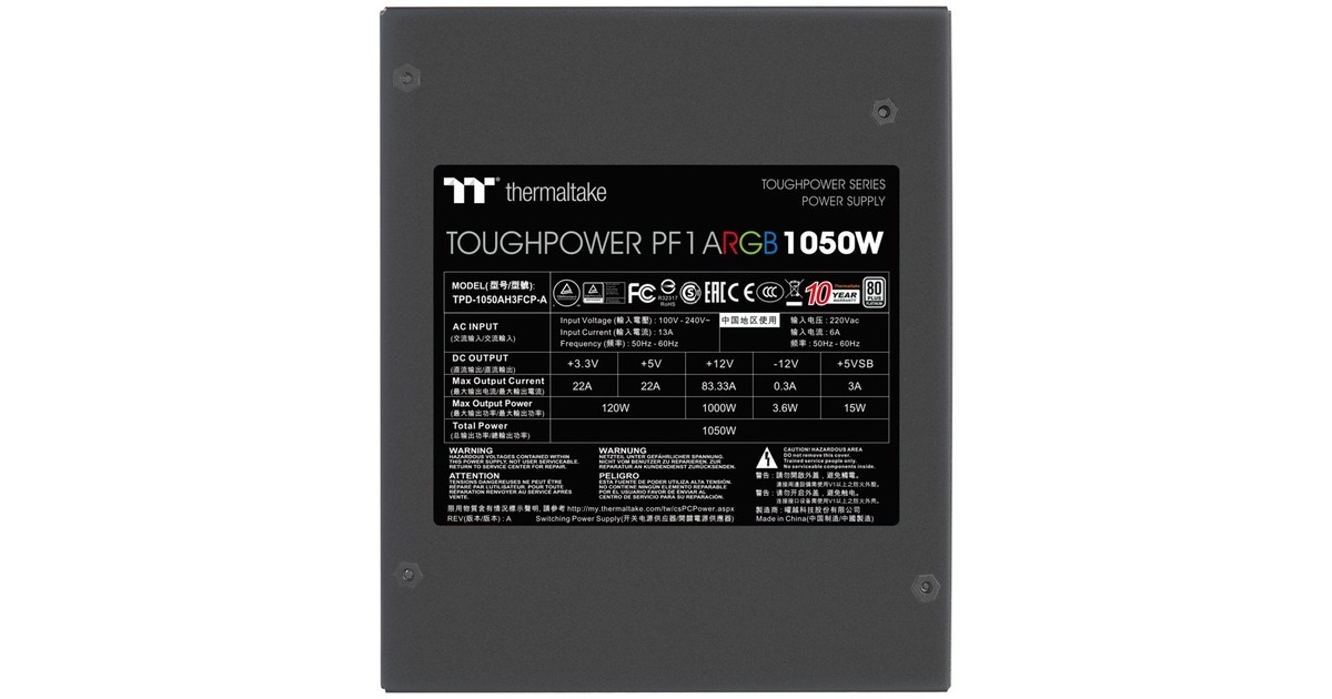 Thermaltake Toughpower PF1 ARGB 1050W, PC-Netzteil(schwarz, 8x PCIe, Kabel-Management, 1050 Watt)