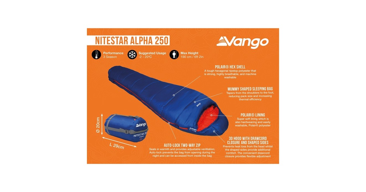 Vango Schlafsack Nitestar Alpha 250, Classic Blue(dunkelblau/rot, Modell 2024)