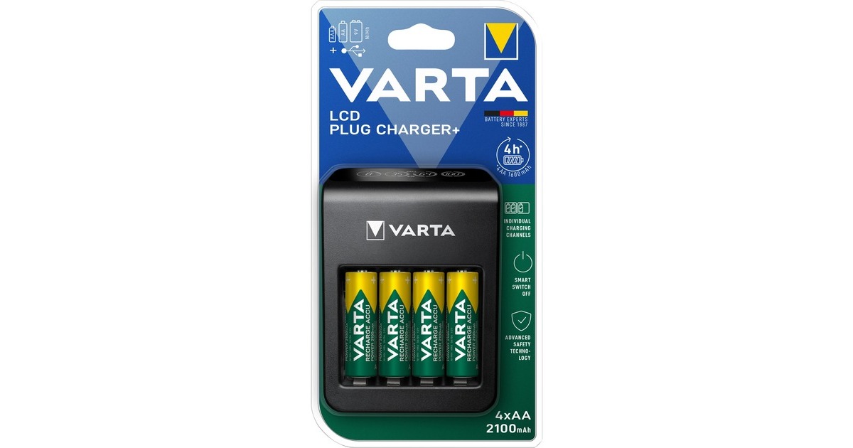 Varta LCD Plug Charger+, Ladegerät(schwarz, Lädt AA, AAA, 9V und ein USB-Gerät)