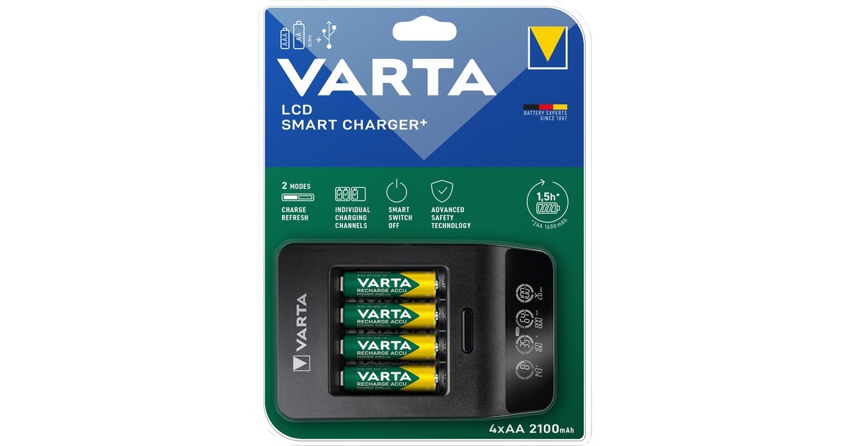 Varta LCD Smart Charger+, Ladegerät(inkl. 4x Mignon, AA, 2100 mAh, Outlet)