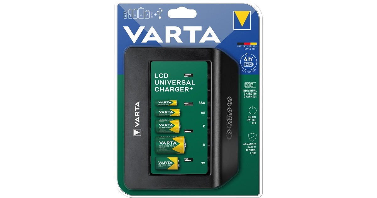 Varta LCD Universal Charger+, Ladegerät(schwarz, Lädt bis zu 4 AA, AAA, C, D oder 1x 9V)