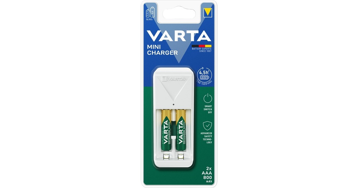 Varta Mini Charger, Ladegerät(weiß, inkl. 2x Recharge Accu Power AAA 800 mAh)