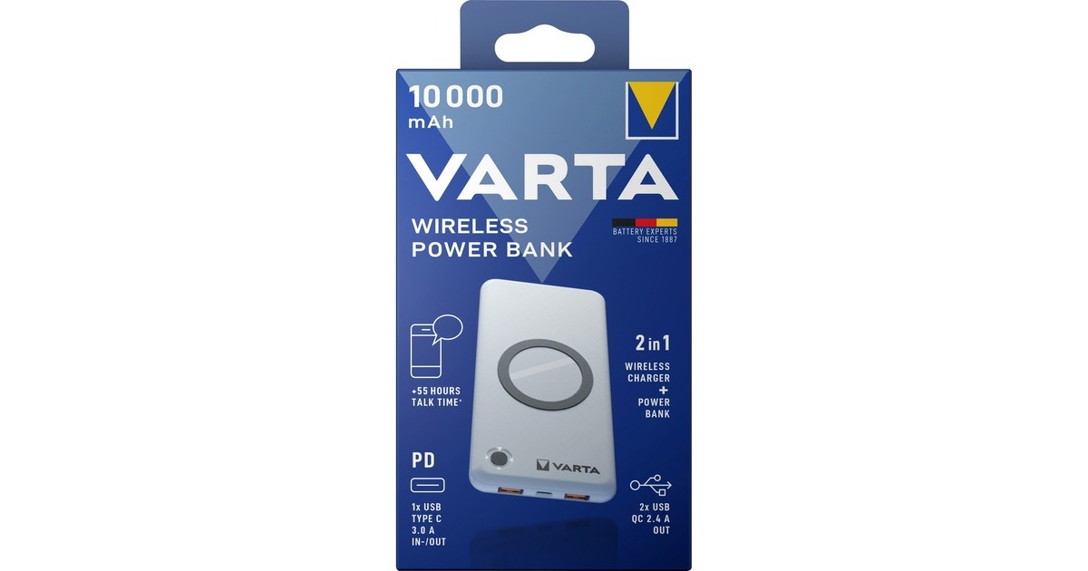 Varta Wireless Powerbank 10.000(weiß, 10.000 mAh, Qi, Power Delivery, Quick Charge 3.0)