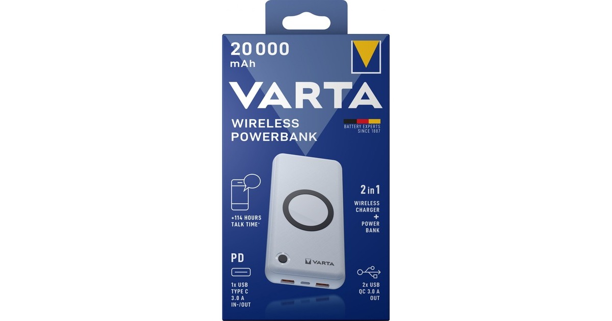 Varta Wireless Powerbank 20.000(weiß, 20.000 mAh, Qi, Power Delivery, Quick Charge 3.0)