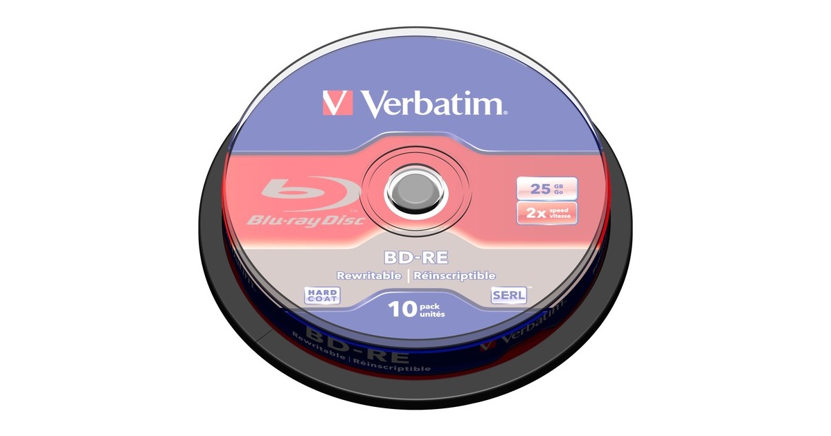 Verbatim BD-RE 25 GB, Blu-ray-Rohlinge(2fach, 10 Stück, White Blue Surface, Lite Retail)
