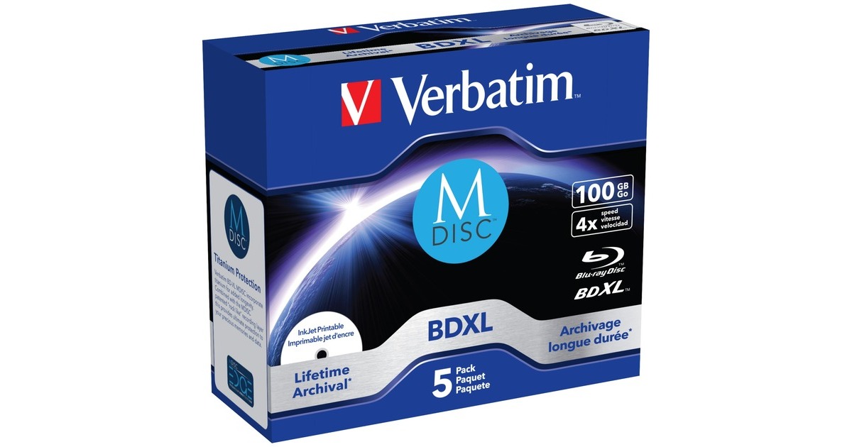 Verbatim BD-R M-Disc 100 GB, Blu-ray-Rohlinge(4-fach, 5 Stück)
