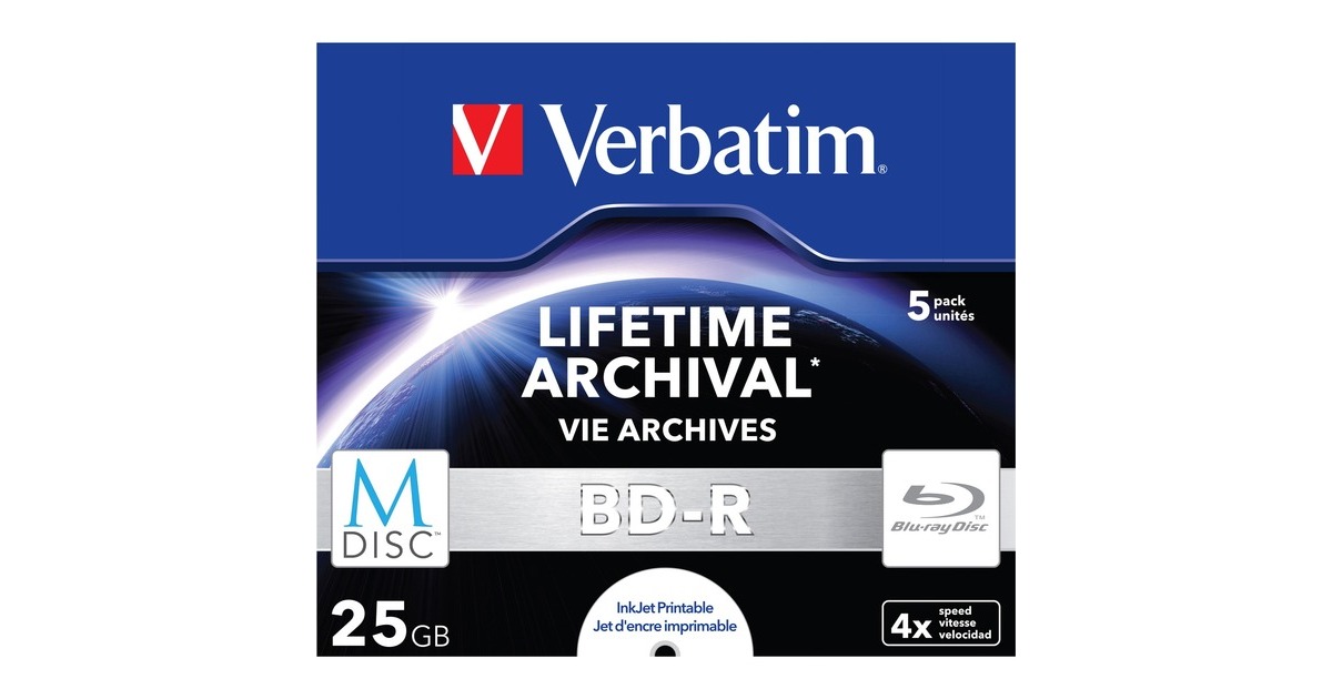 Verbatim BD-R M-Disc 25GB, Blu-ray-Rohlinge(4fach, 5 Stück, bedruckbar)