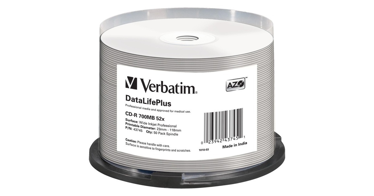 Verbatim CD-R 700 MB, CD-Rohlinge(52fach, 50 Stück, bedruckbar)