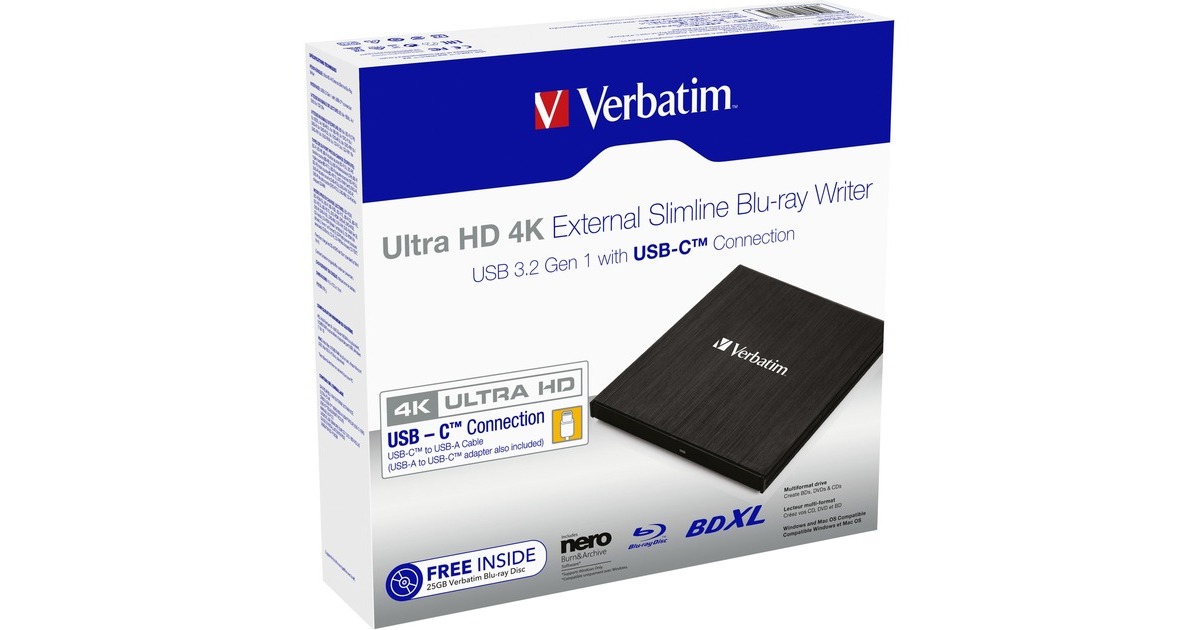 Verbatim External Slimline-Blu-ray-Writer, externer Blu-ray-Brenner(schwarz, USB 3.1 Gen 1 (Typ-C))