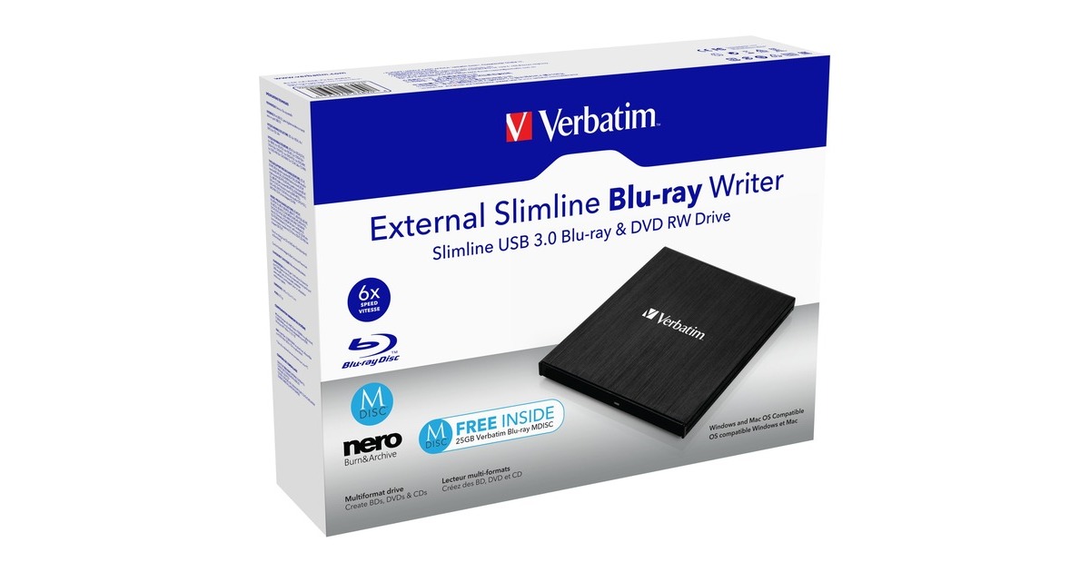Verbatim External Slimline USB 3.0-Blu-ray-Brenner, externer Blu-ray-Brenner(schwarz)